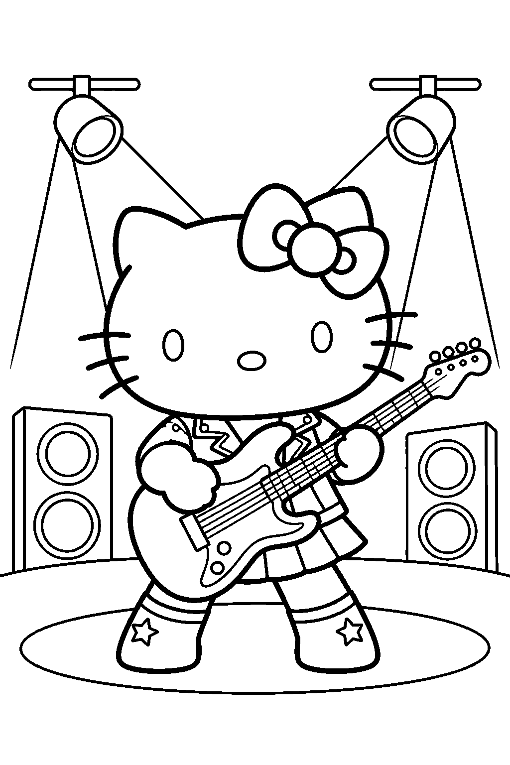 hello kitty as a rock star playing guitar at a concert line art