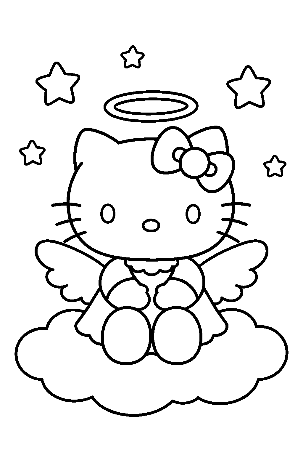 hello kitty as an angel sitting on a cloud beneath the stars line art