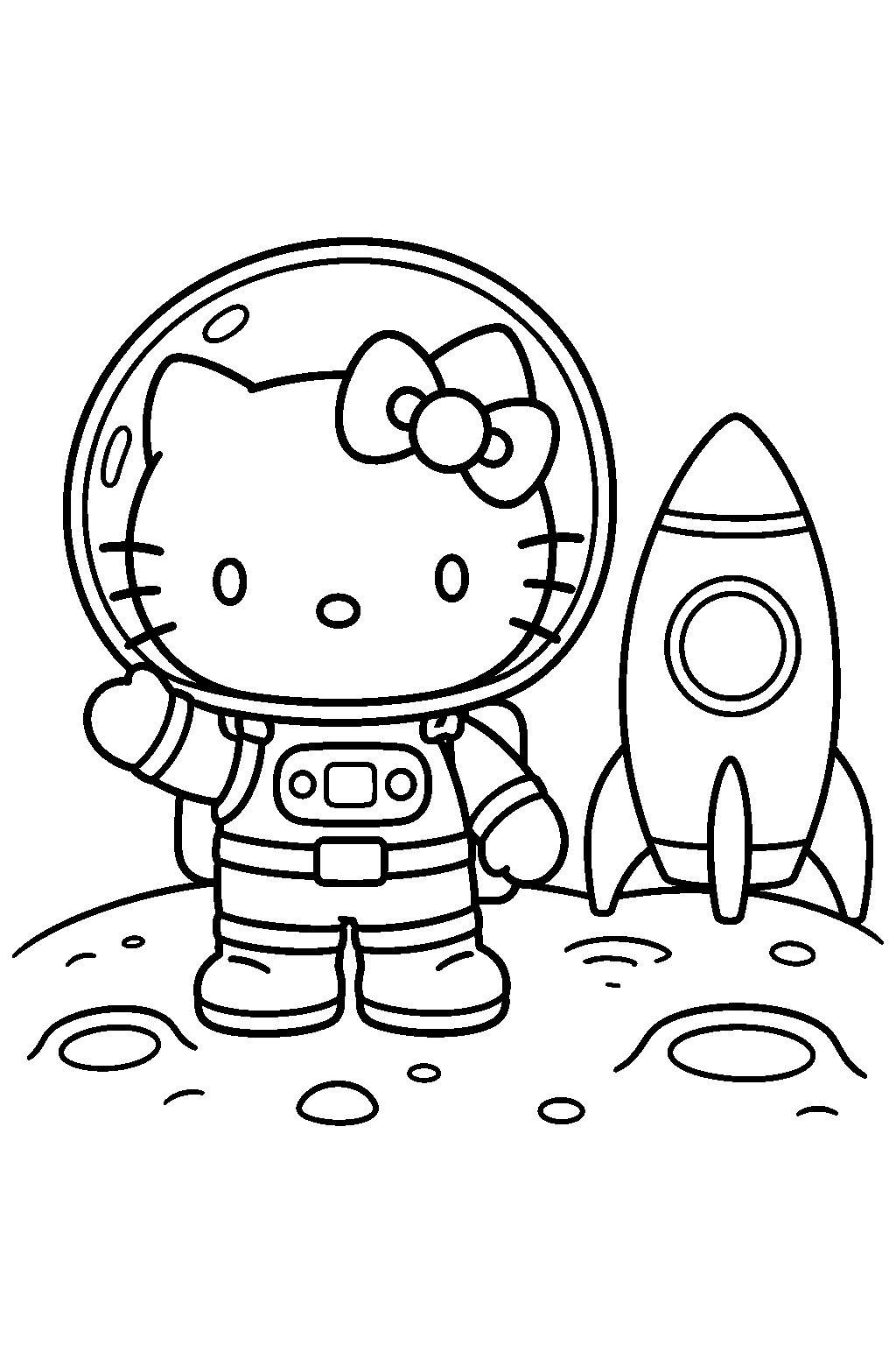 hello kitty as an astronaut exploring the moon beside a rocket line art