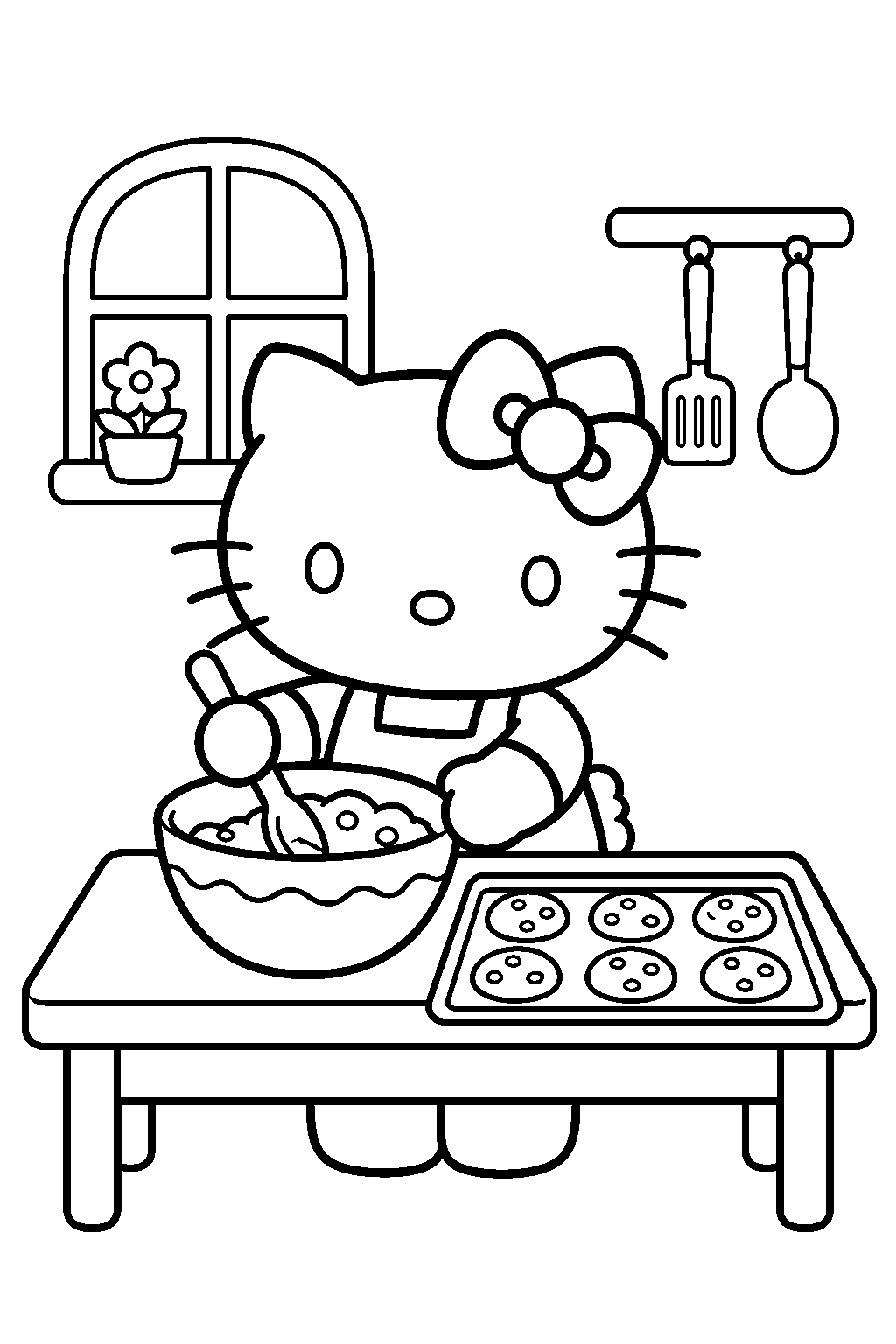 hello kitty baking cookies in her kitchen line art