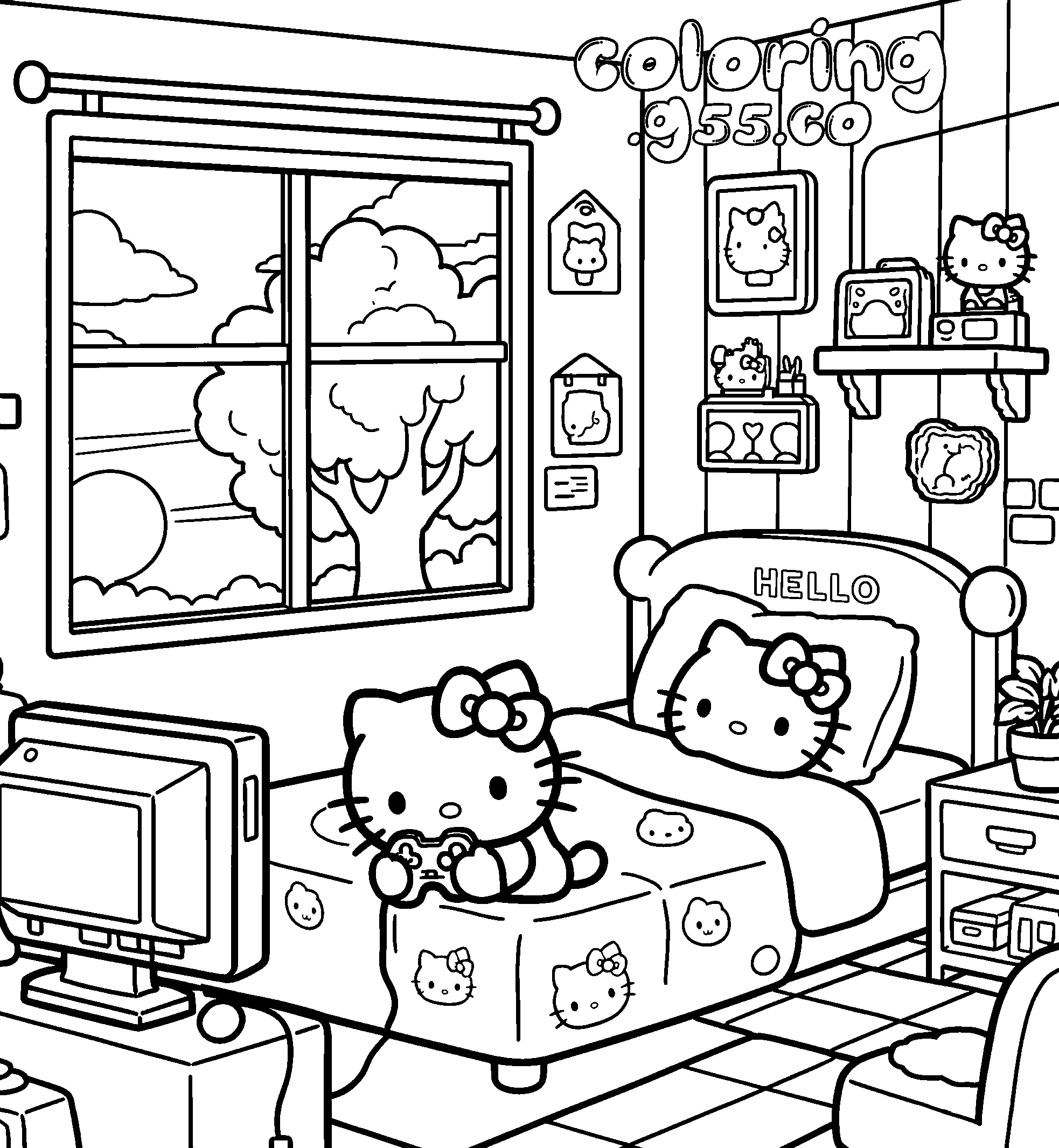 hello kitty bedroom gamer playing video game line art for kids