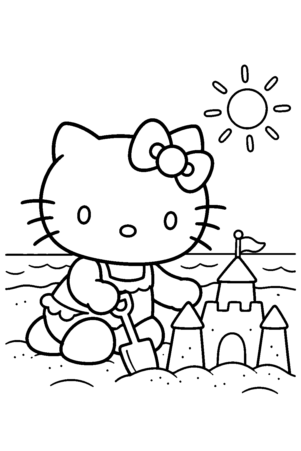 hello kitty building a sandcastle at the beach line art