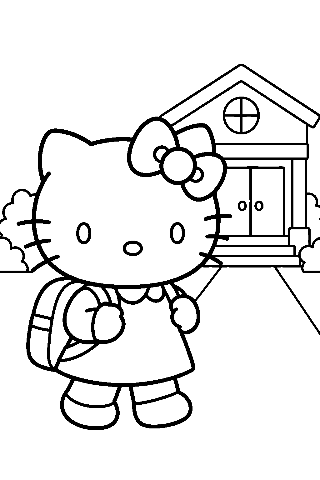 hello kitty carrying a backpack on her first day of school line art