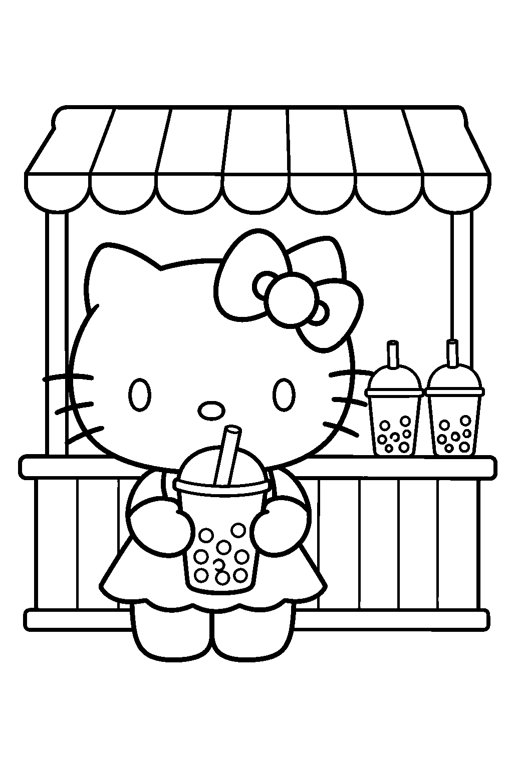 hello kitty carrying a cup of boba tea at a drink stand line art