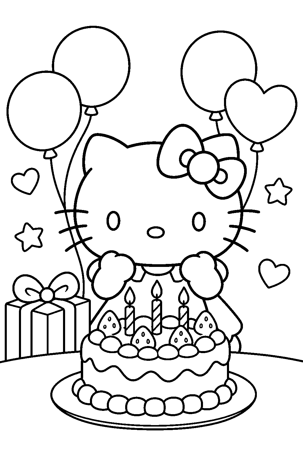 hello kitty celebrating her birthday with a cake and balloons line art