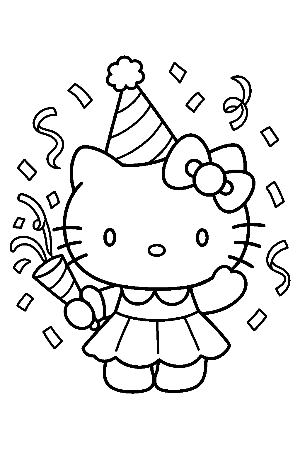 hello kitty celebrating new year with a party hat and confetti line art
