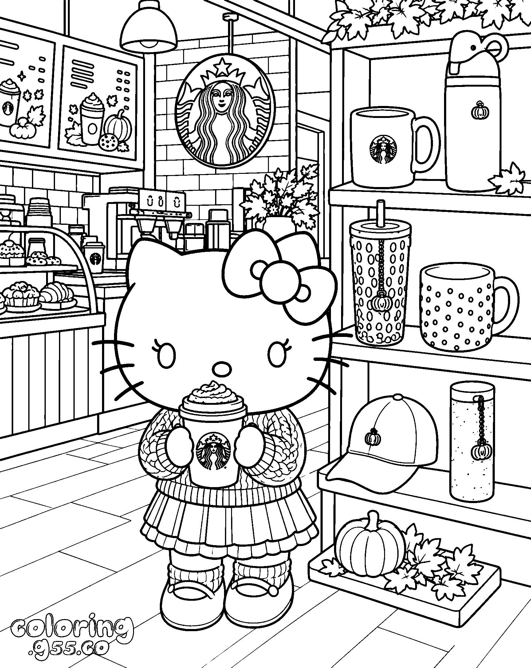 hello kitty coffee shop starbucks line art