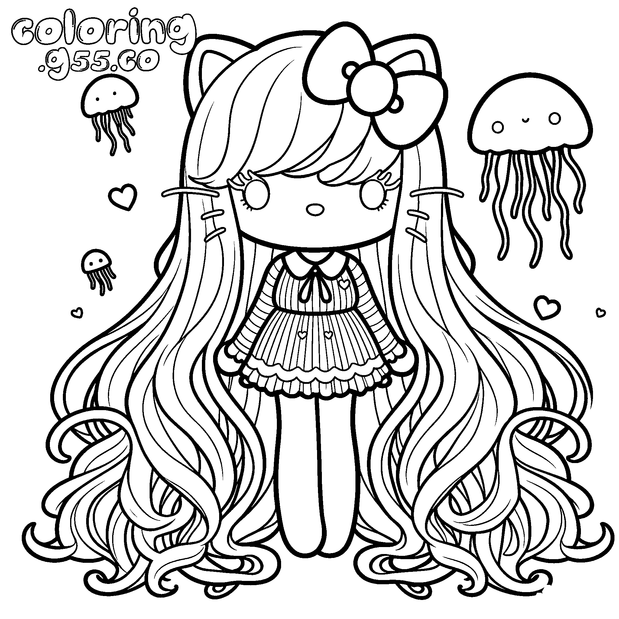 hello kitty cosplay chibi girl jellyfish underwater line art for kids