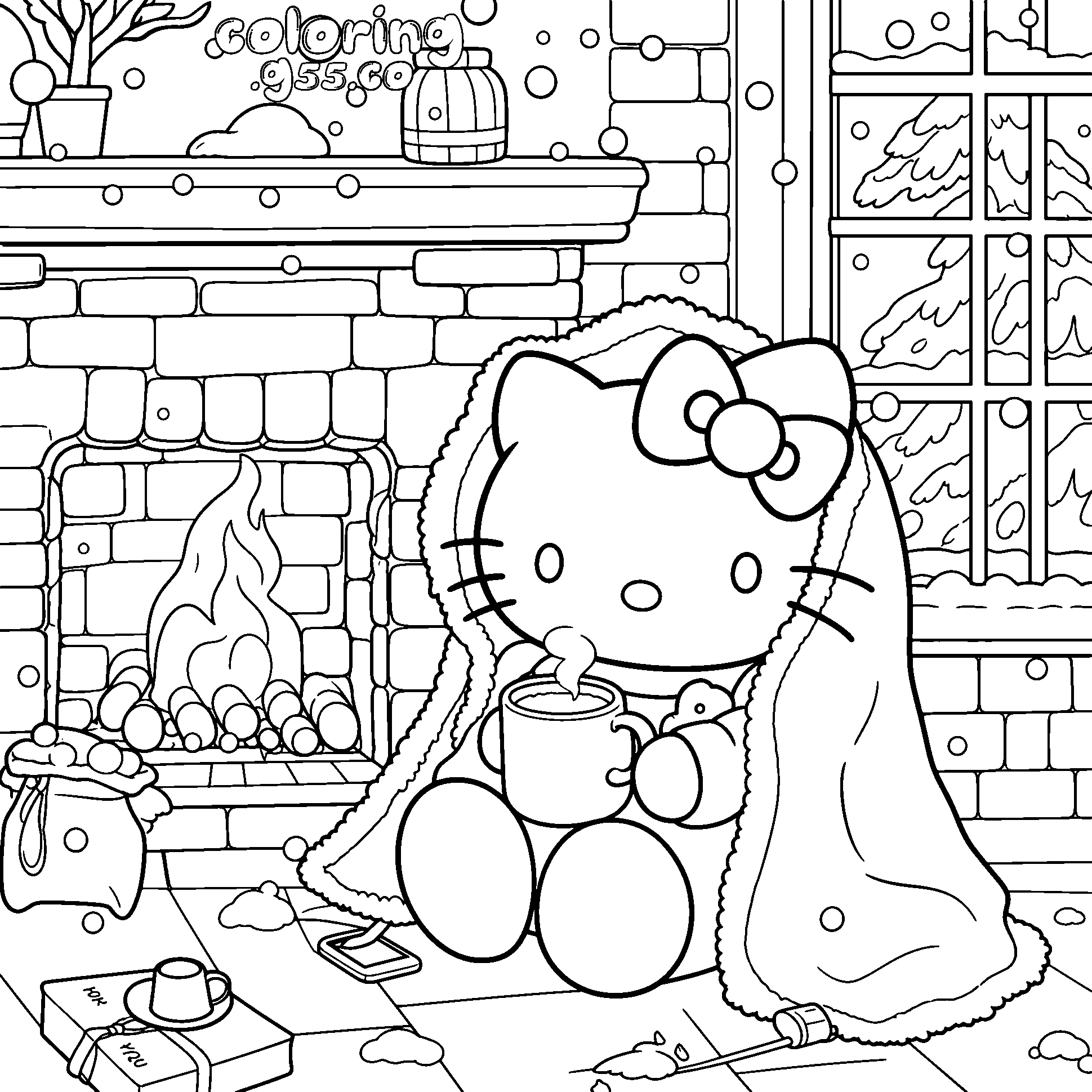 hello kitty cozy winter fireplace line art