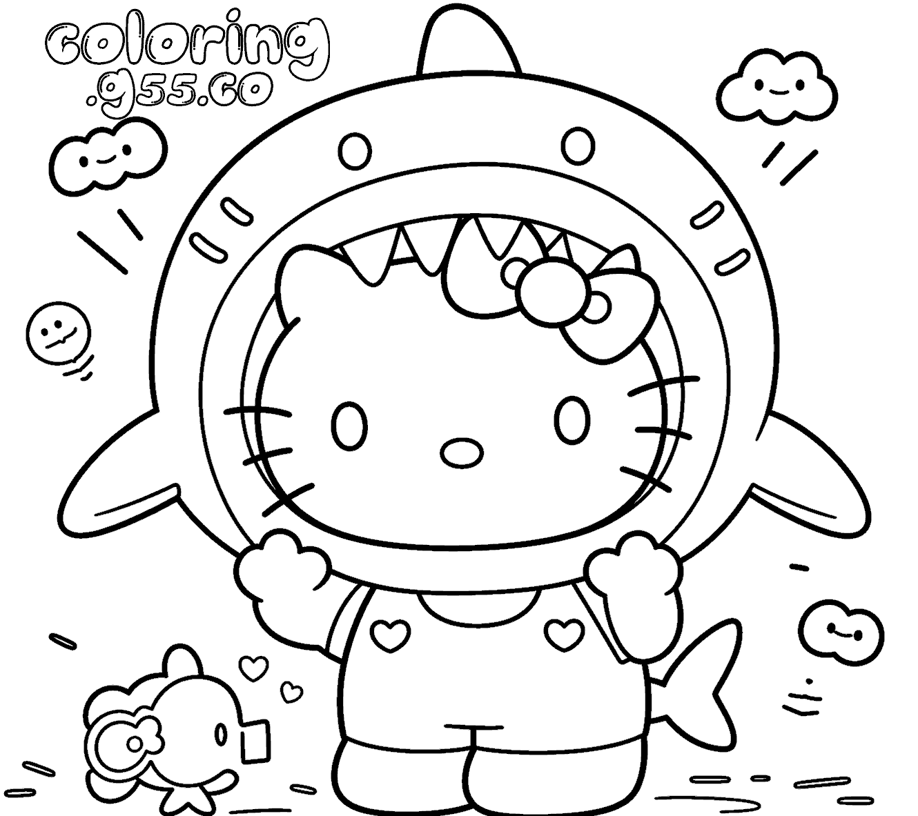 hello kitty cute shark costume ocean underwater friends line art for kids