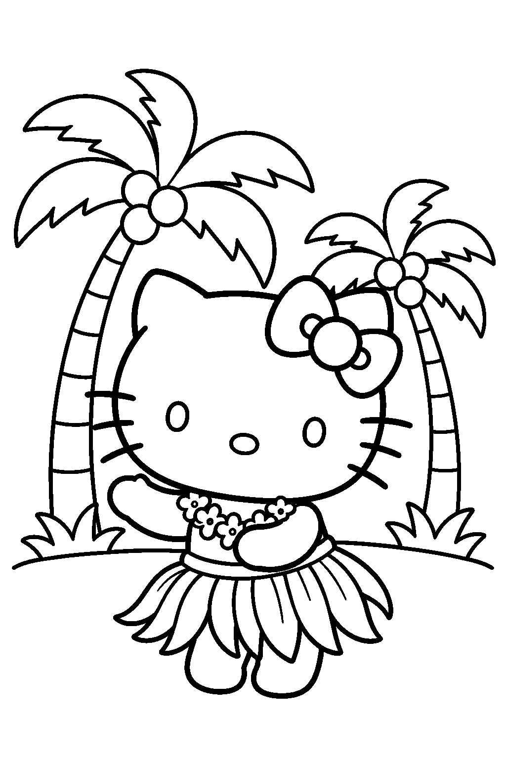 hello kitty dancing hula in a grass skirt beside palm trees line art