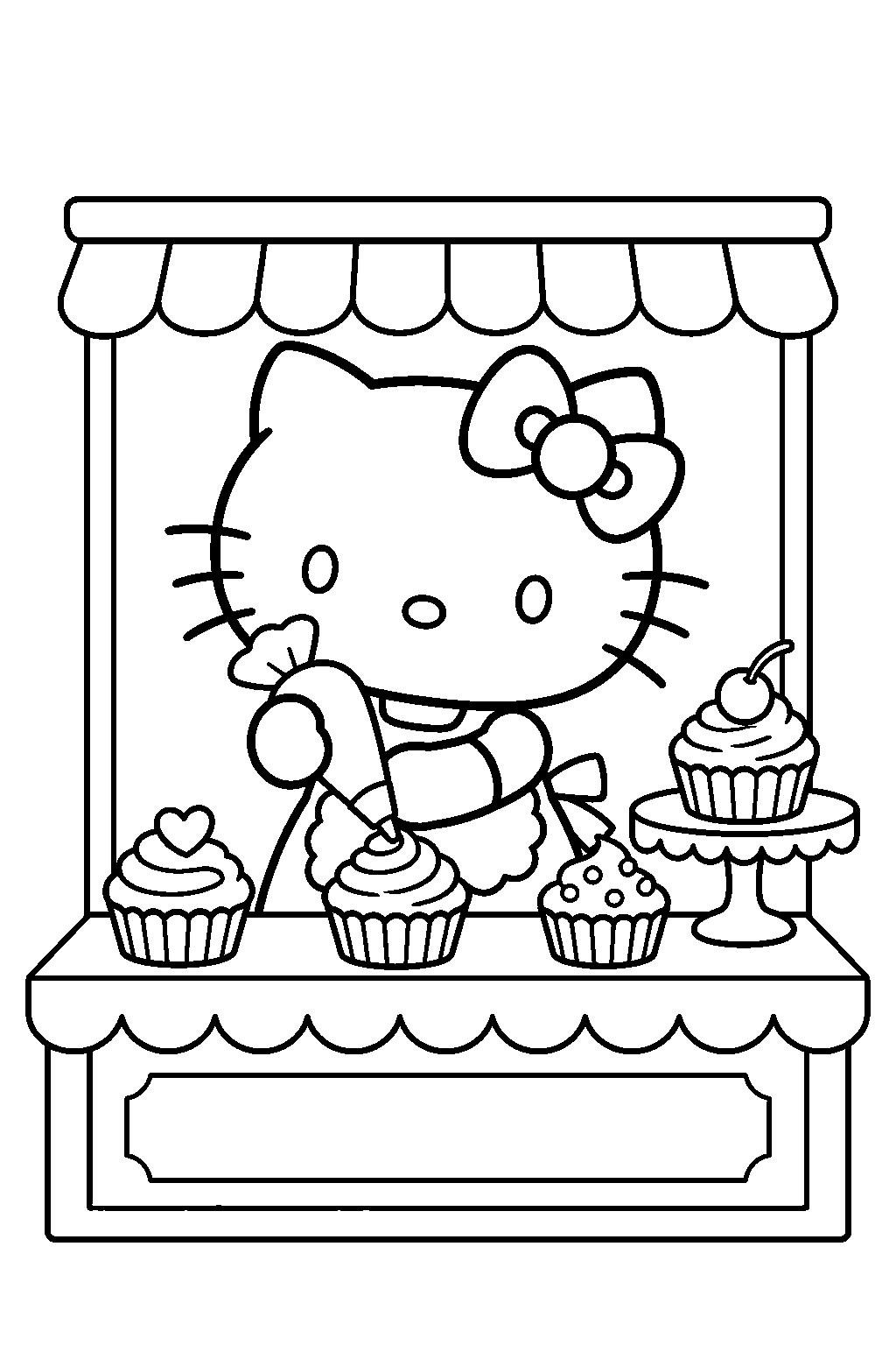hello kitty decorating cupcakes at a bakery counter line art