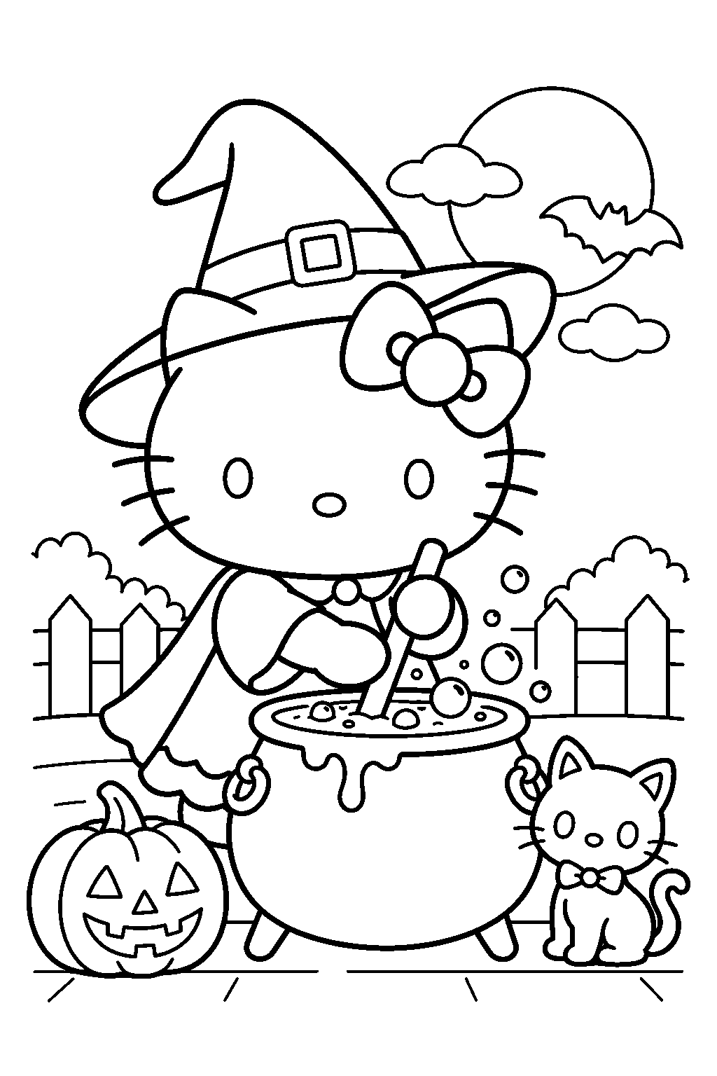 hello kitty dressed as a witch stirring a halloween cauldron line art