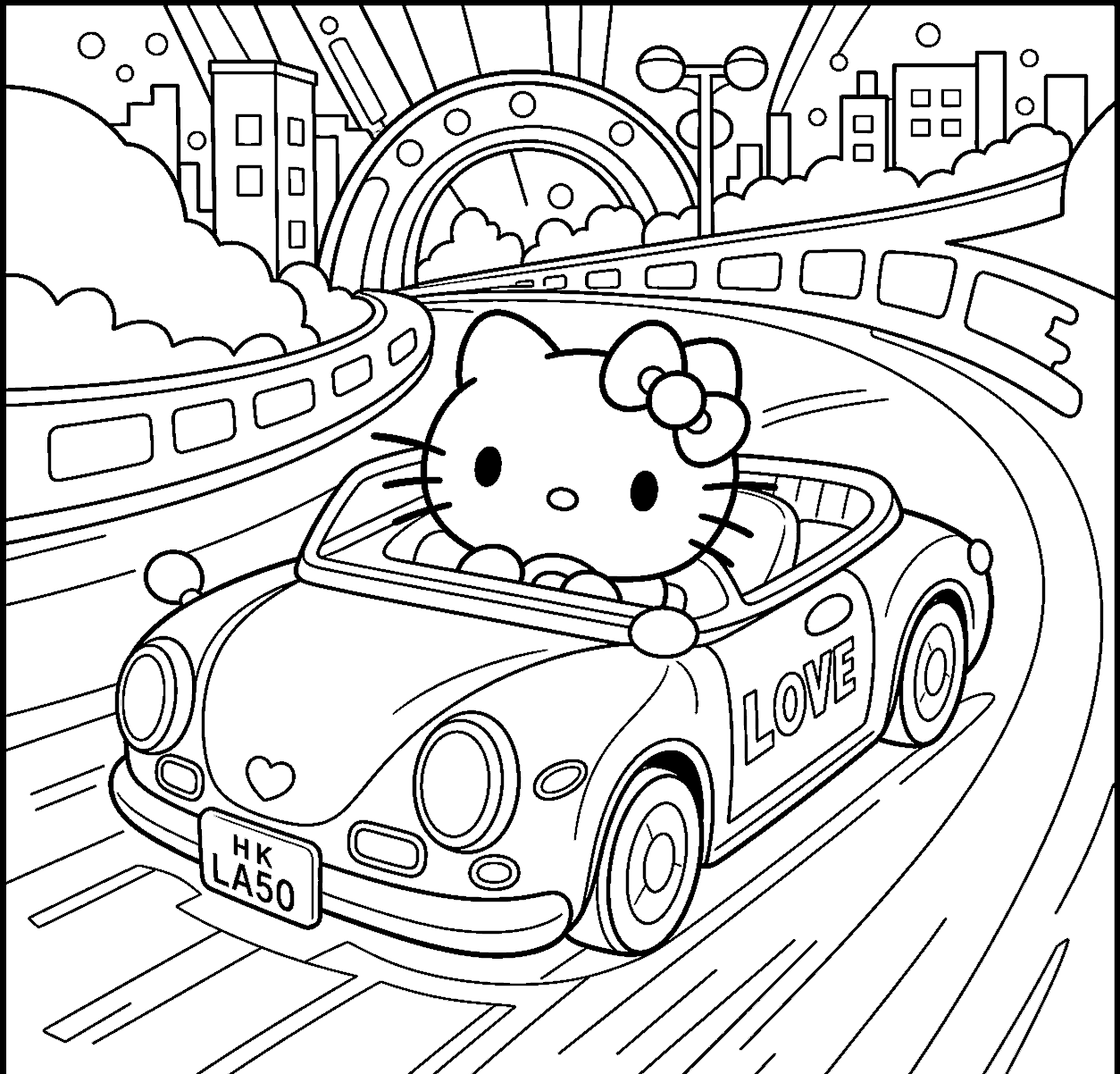 hello kitty driving sports car highway city line art for kids