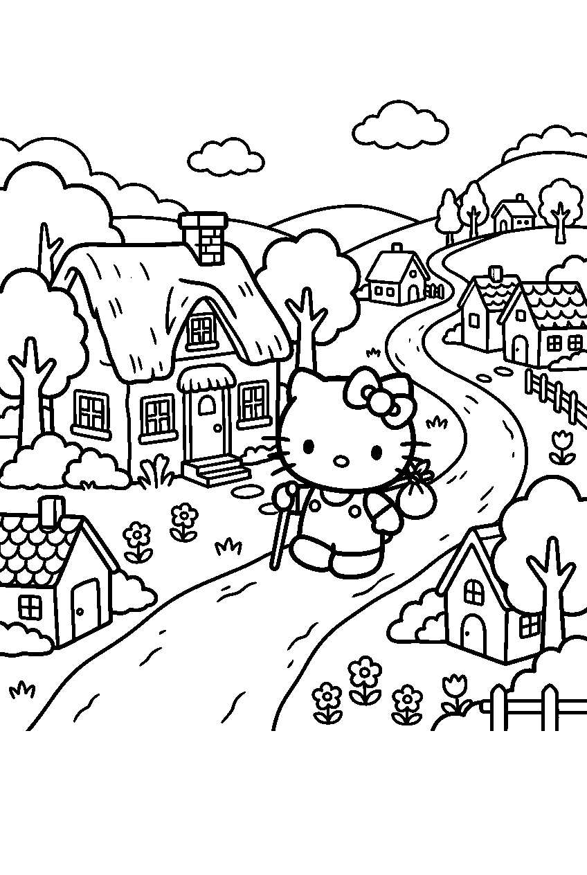 hello kitty exploring in countryside village line art