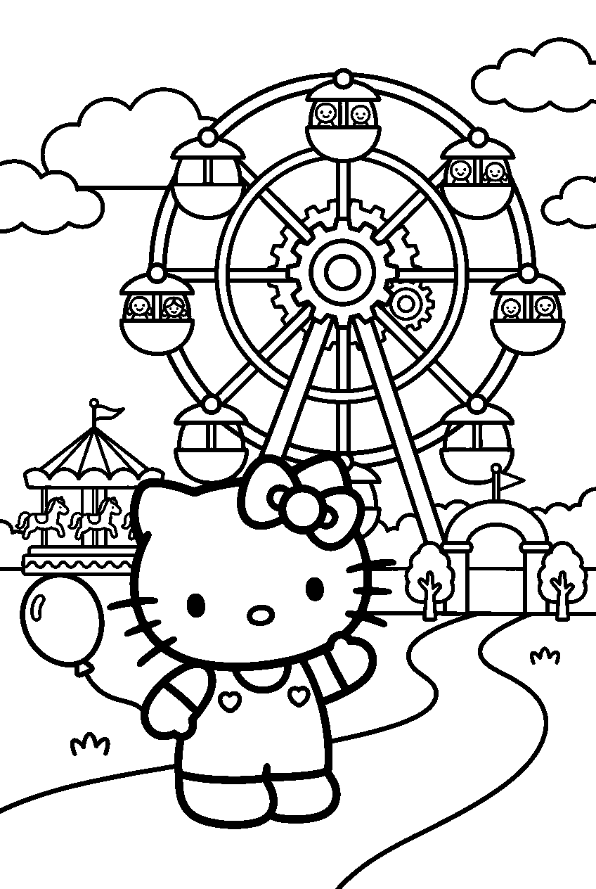 hello kitty exploring in ferris wheel area line art