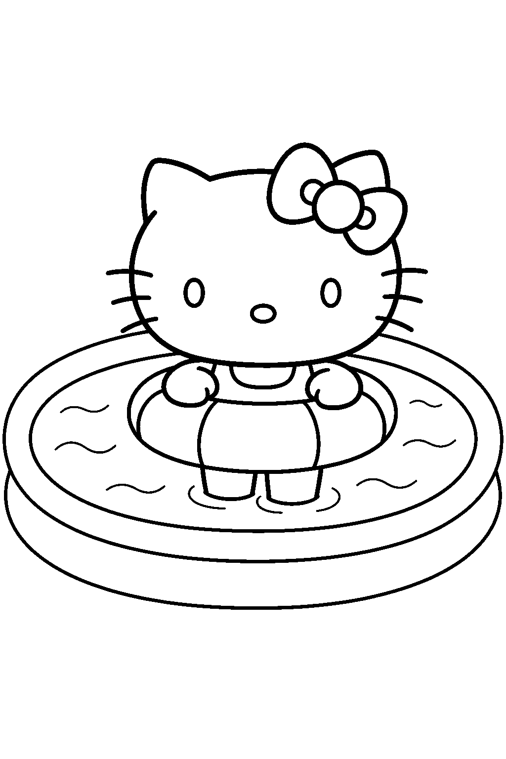 hello kitty floating in a swimming pool with an inflatable ring line art