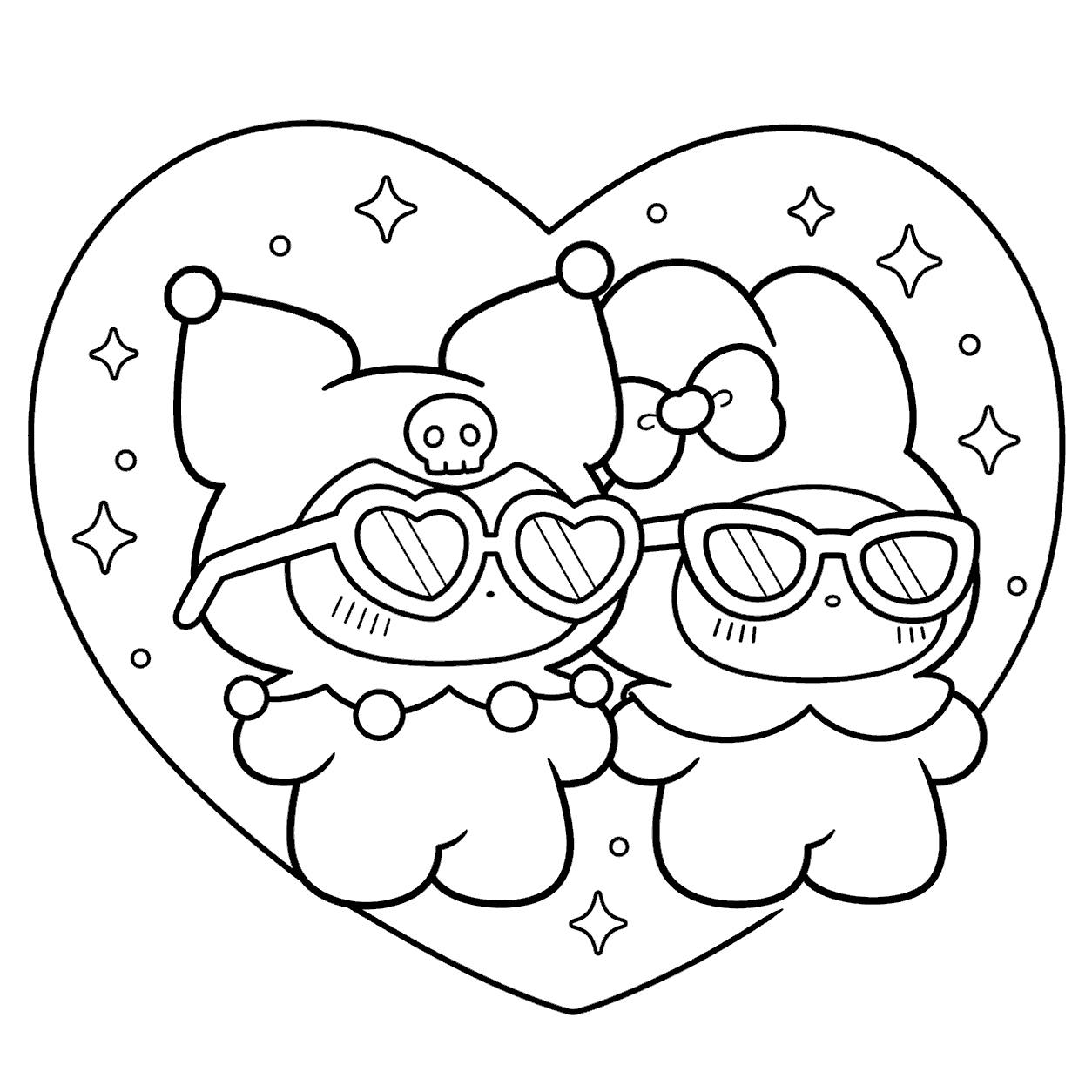 hello kitty friends kuromi and my melody heart sunglasses line art for kids