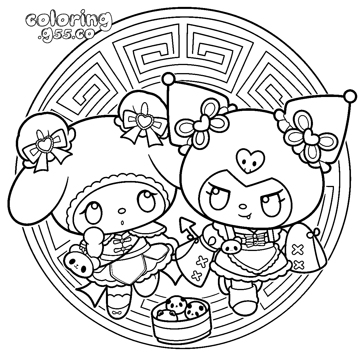 hello kitty friends kuromi my melody chinese style dumplings circular frame line art for kids