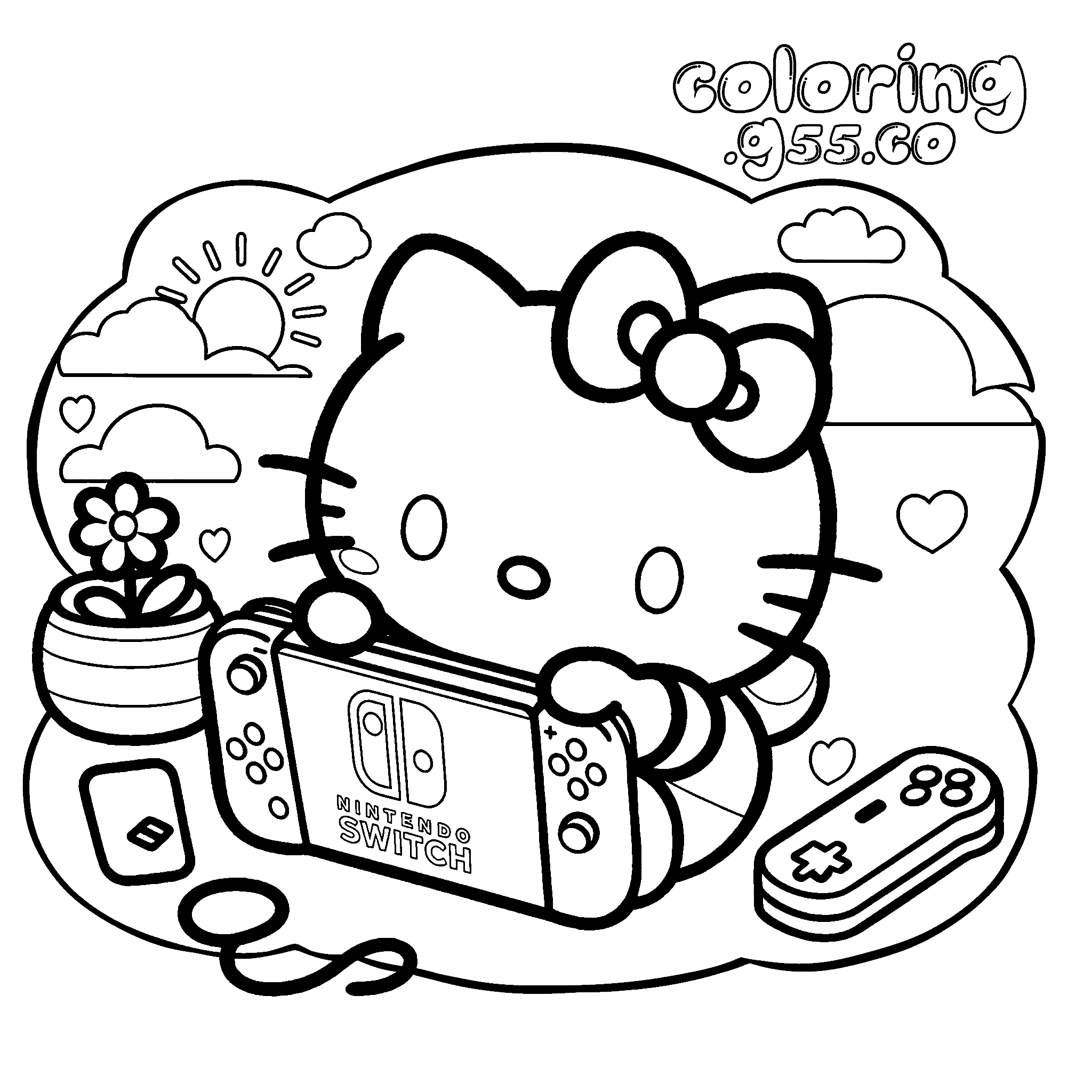 hello kitty gamer playing nintendo switch console line art for kids