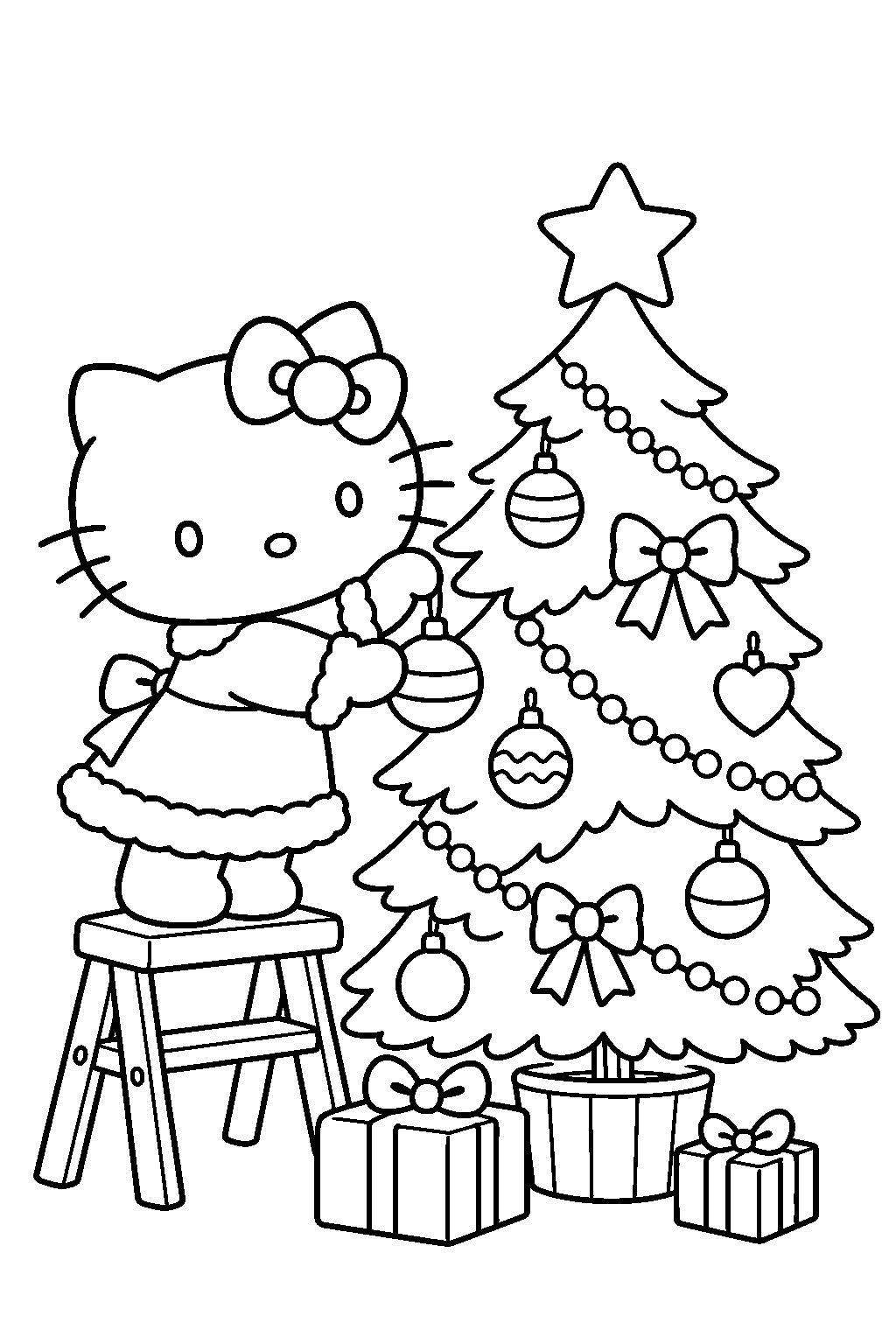 hello kitty hanging ornaments on a christmas tree line art