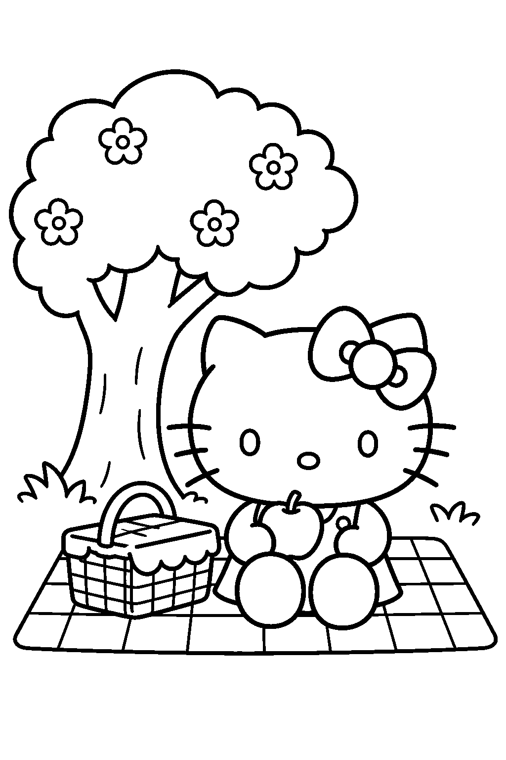 hello kitty having a picnic beneath a tree line art