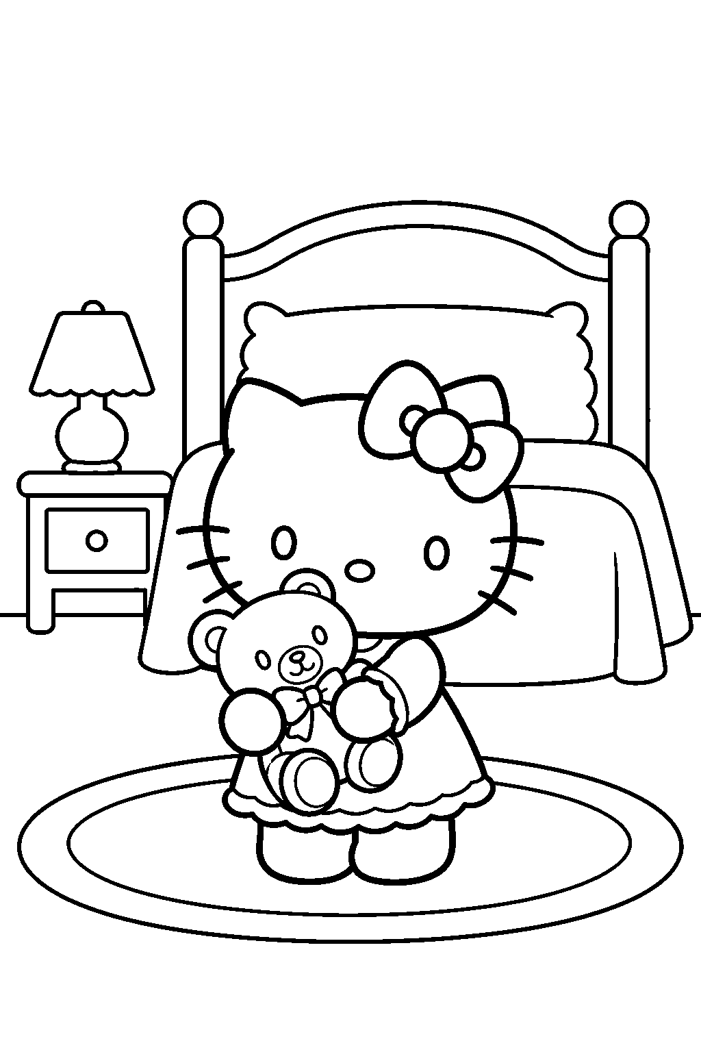 hello kitty hugging a teddy bear beside her bed line art