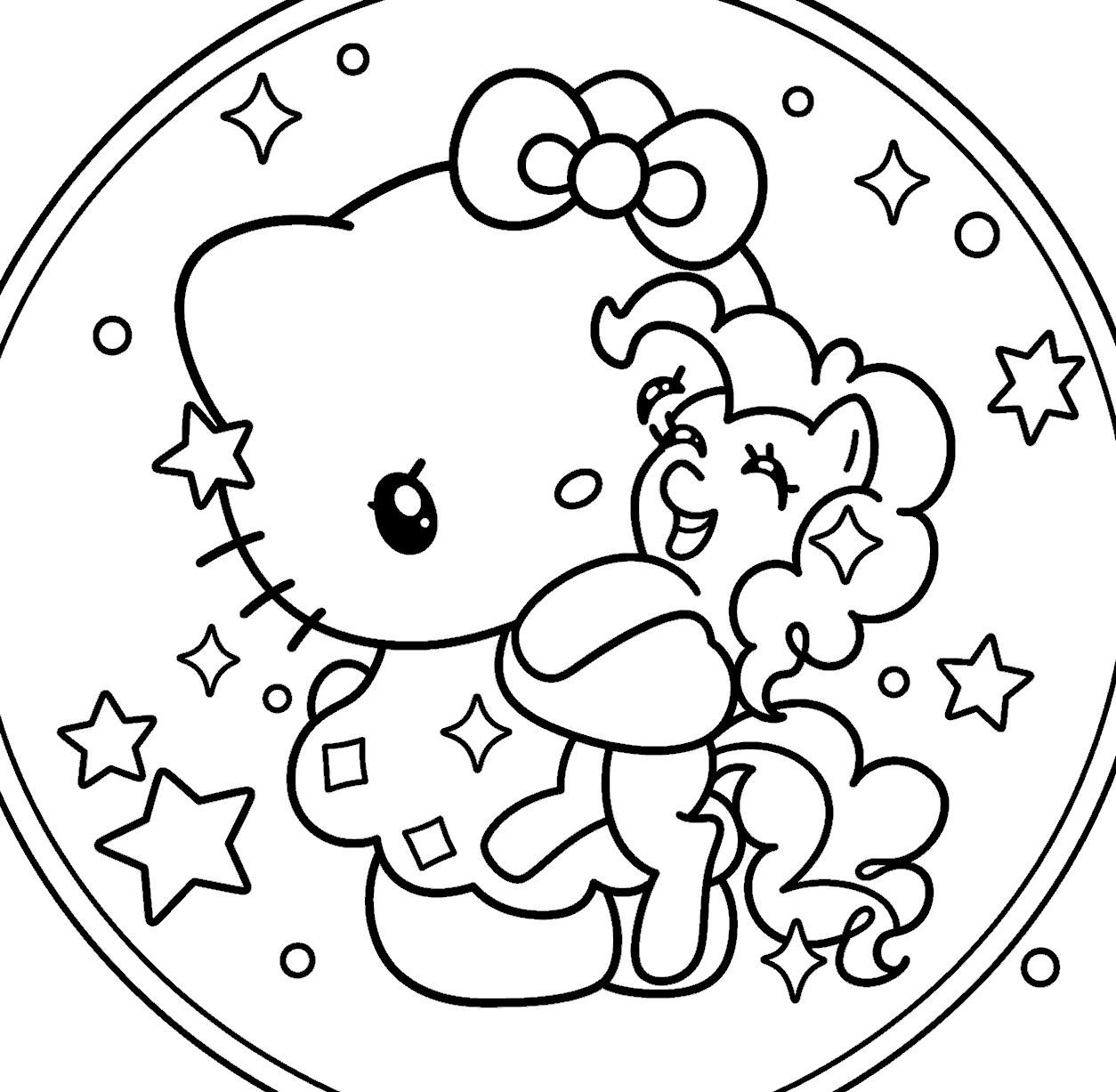 hello kitty hugging pinkie pie pony line art for kids