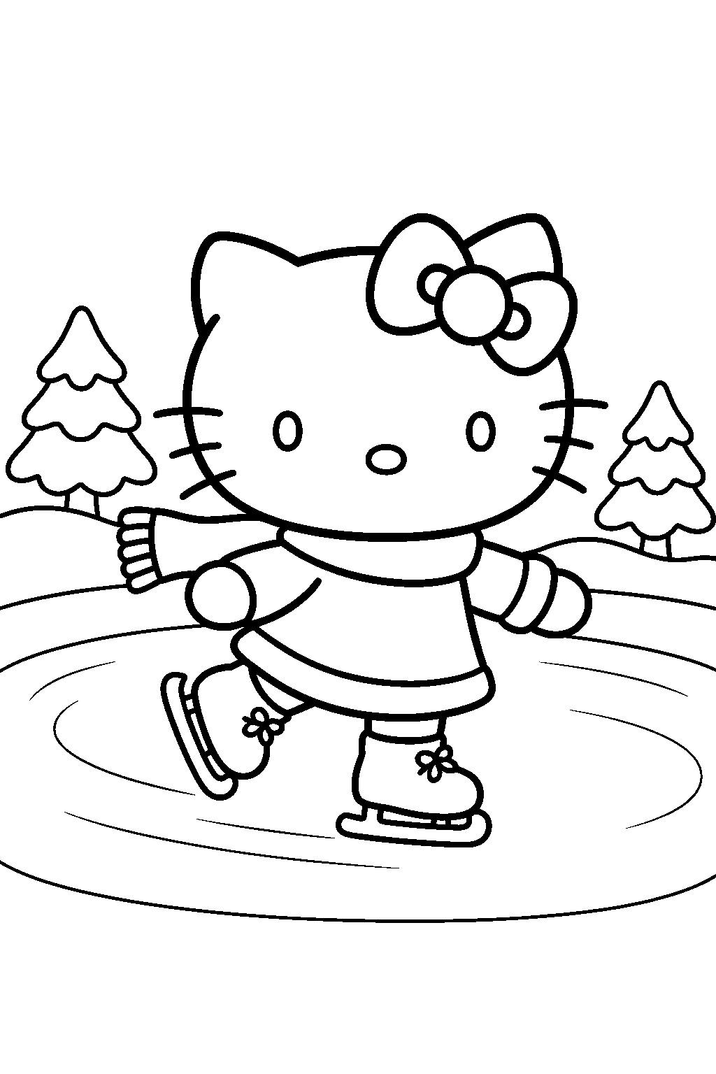 hello kitty ice skating on a frozen pond line art