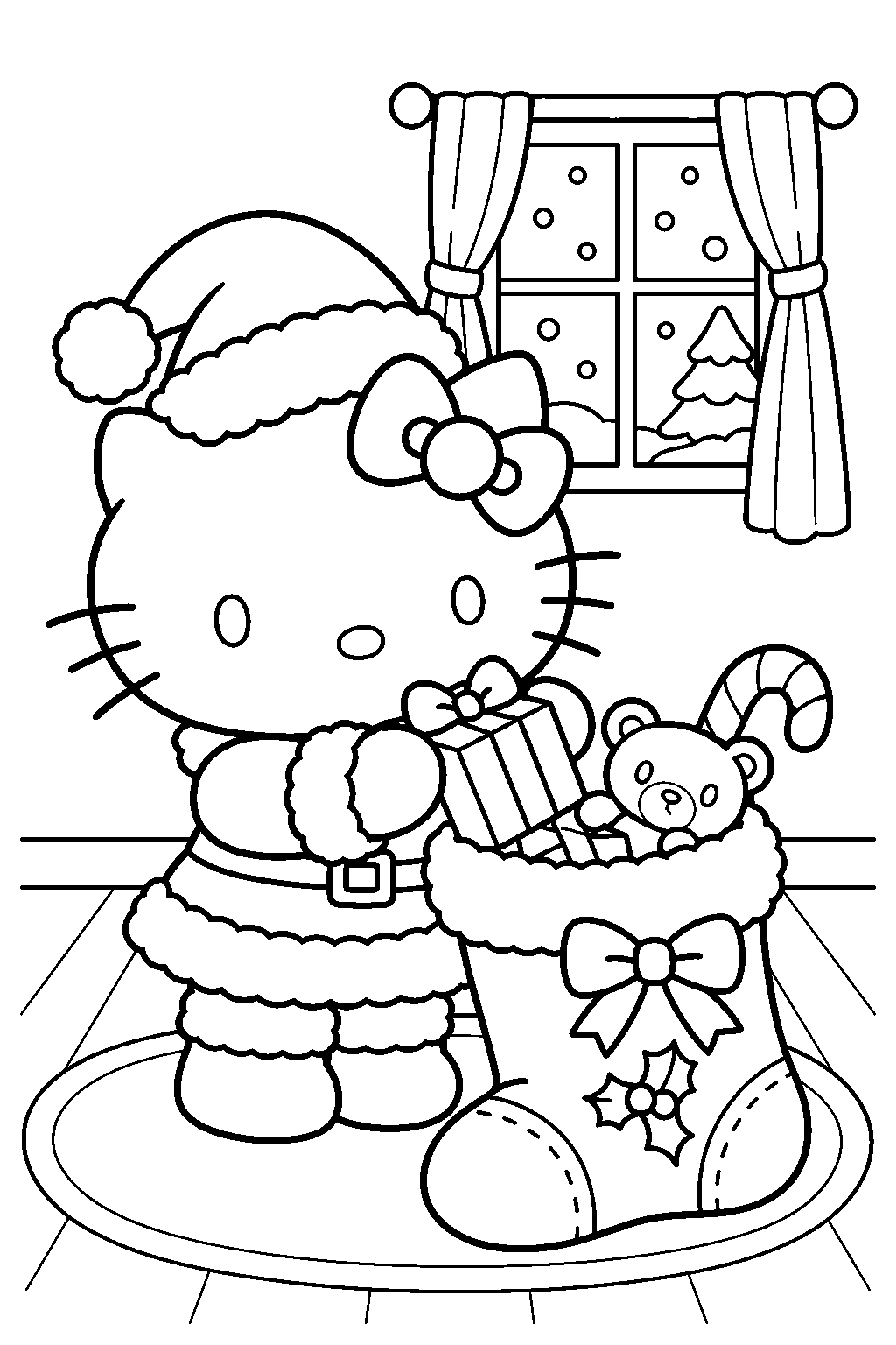 hello kitty in a santa outfit filling a christmas stocking line art