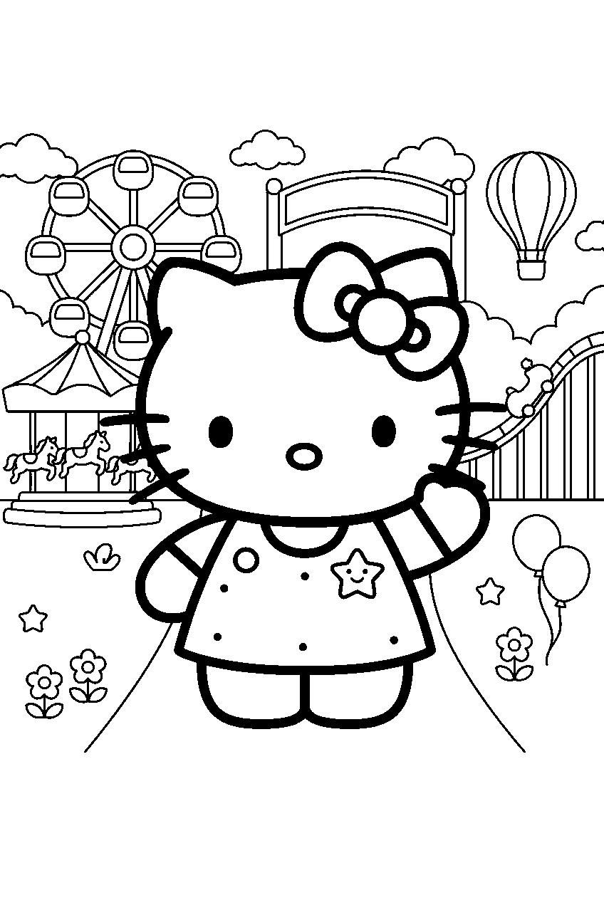 hello kitty in amusement park line art