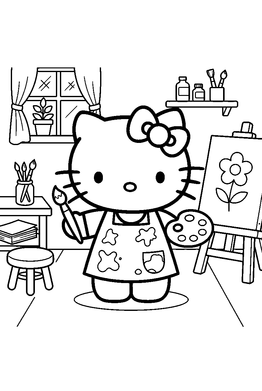 hello kitty in art studio line art