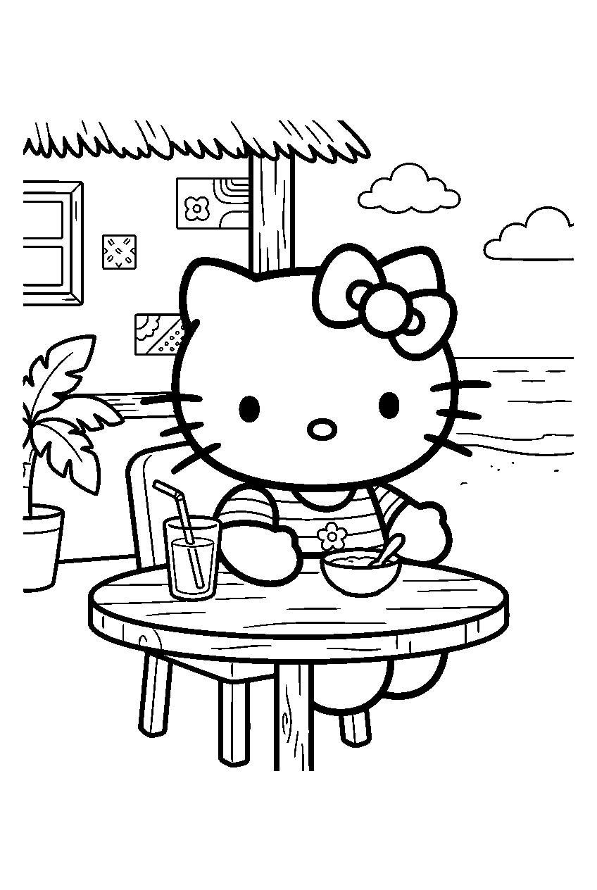 hello kitty in beach cafe line art