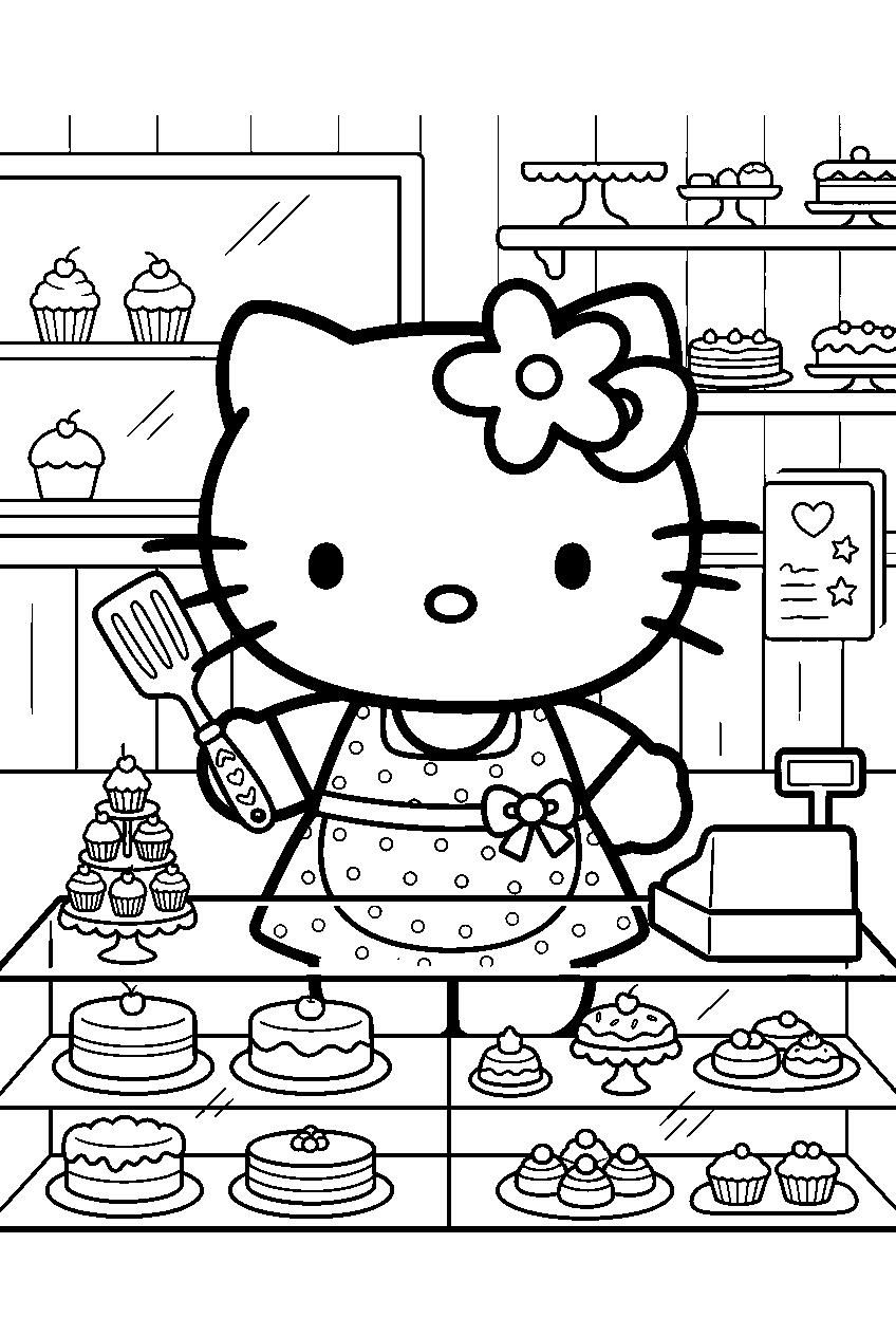 hello kitty in cake shop line art