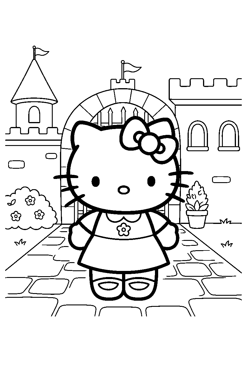 hello kitty in castle courtyard line art