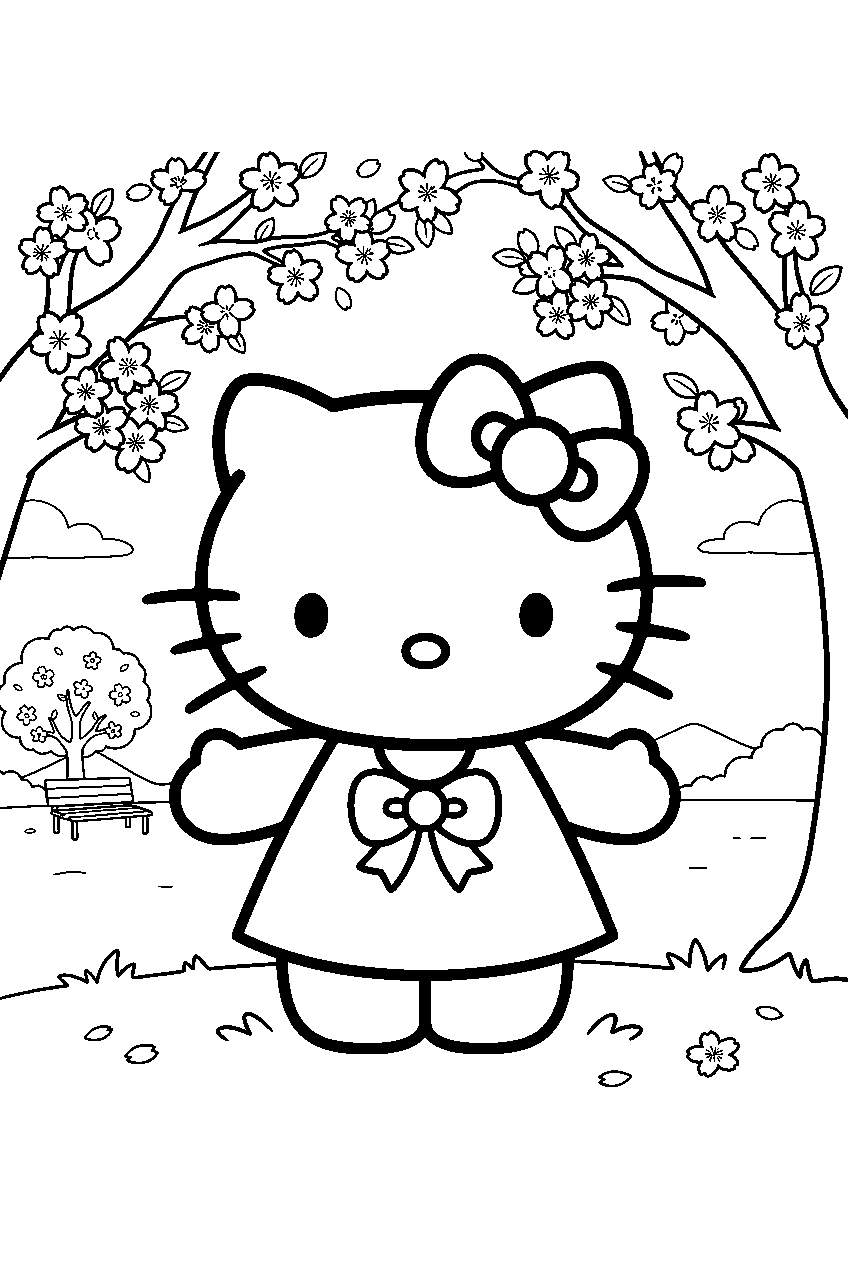 hello kitty in cherry blossom park line art