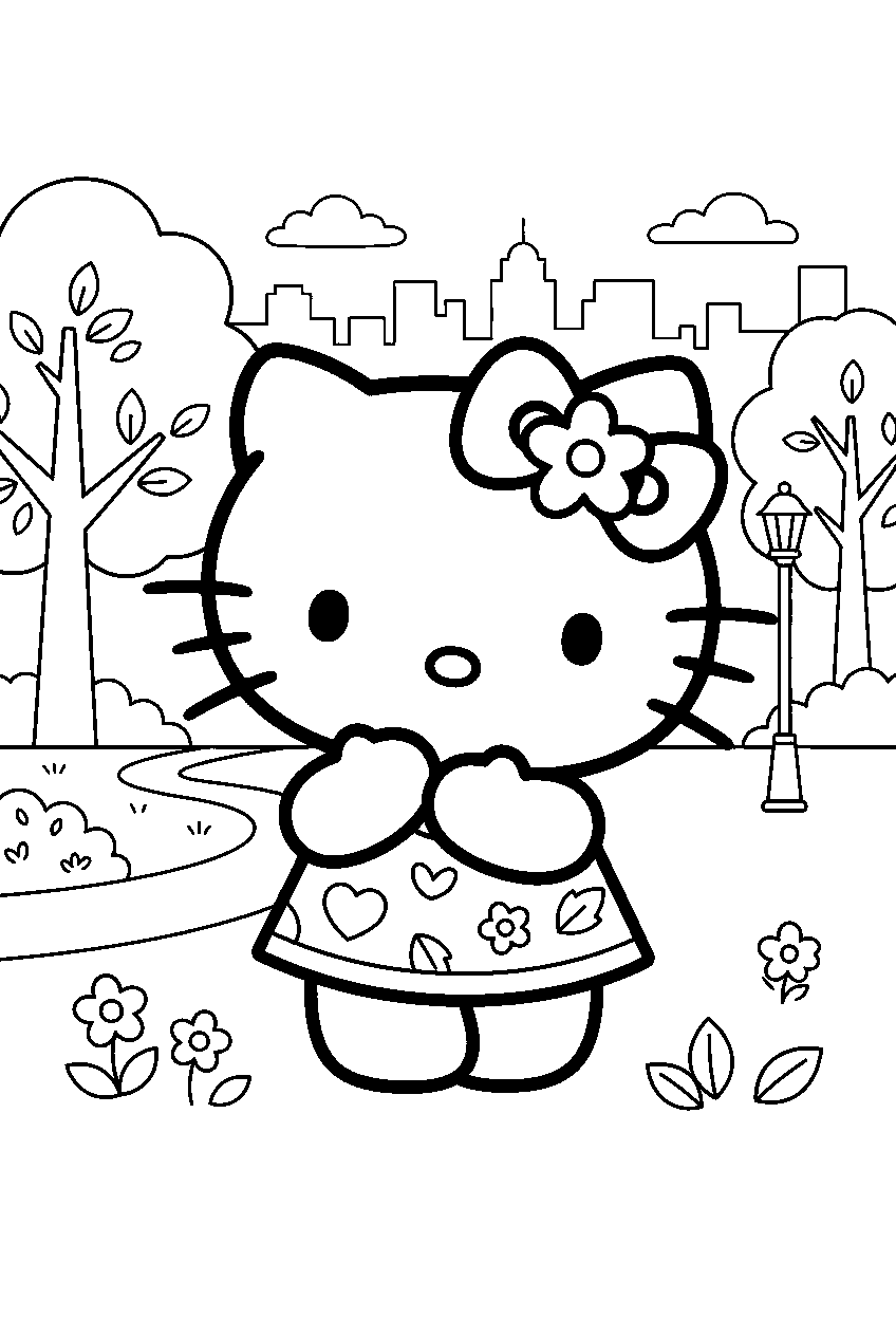 hello kitty in city park line art