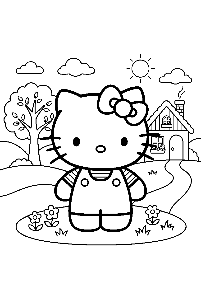 hello kitty in countryside village line art