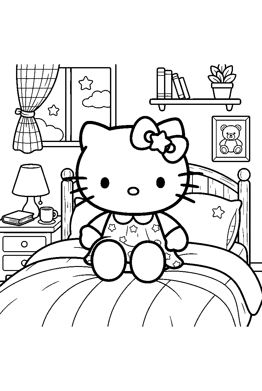 hello kitty in cozy bedroom line art