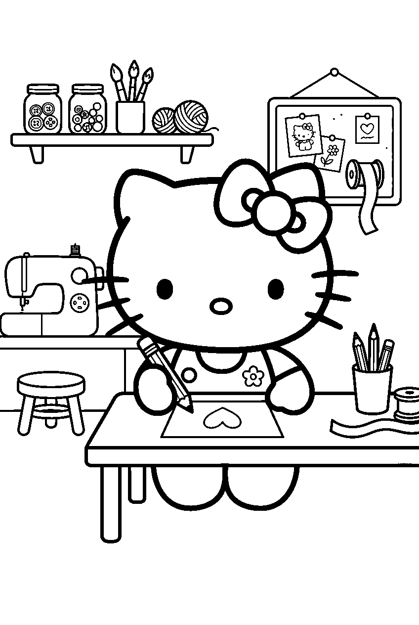 hello kitty in craft room line art