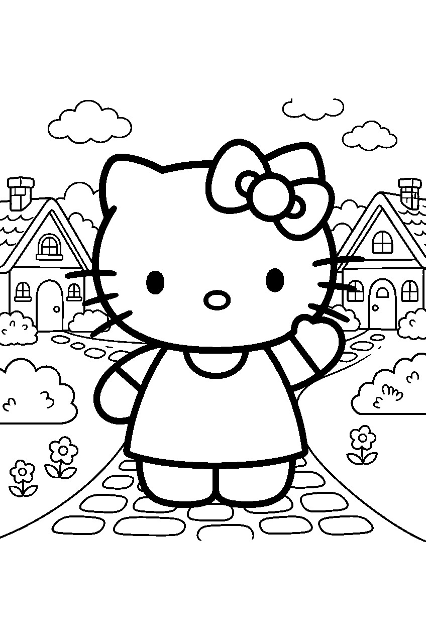 hello kitty in cute village line art