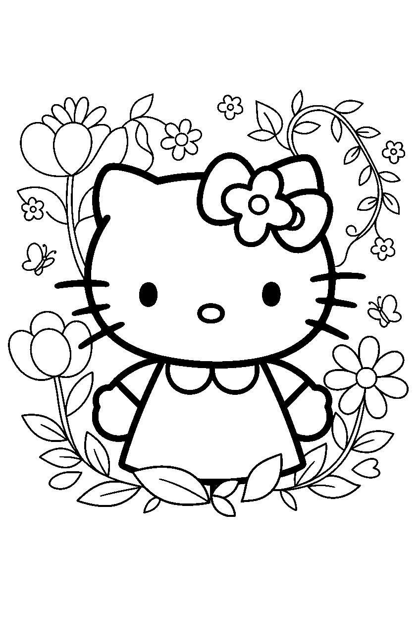 hello kitty in enchanted garden line art