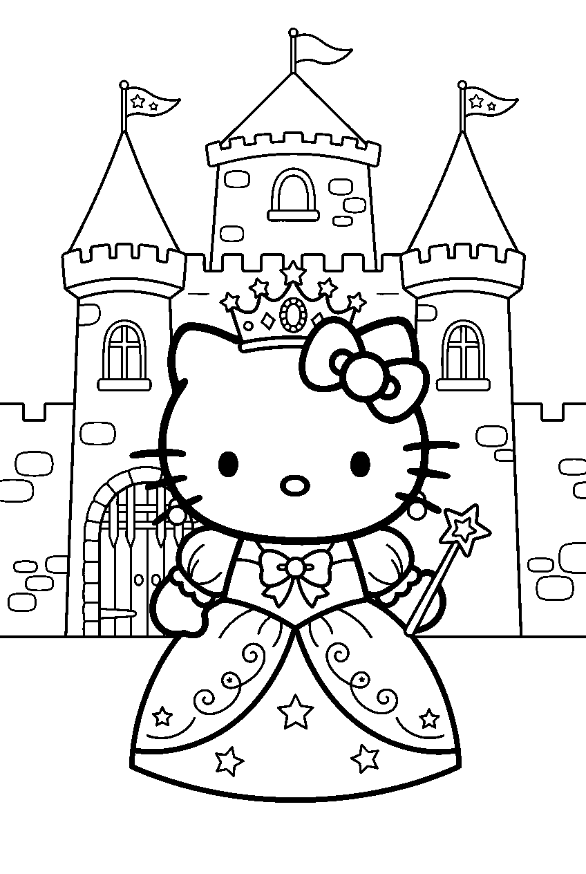 hello kitty in fairy tale castle line art
