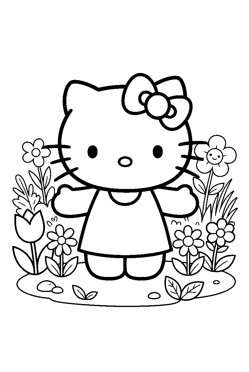 hello kitty in flower garden line art