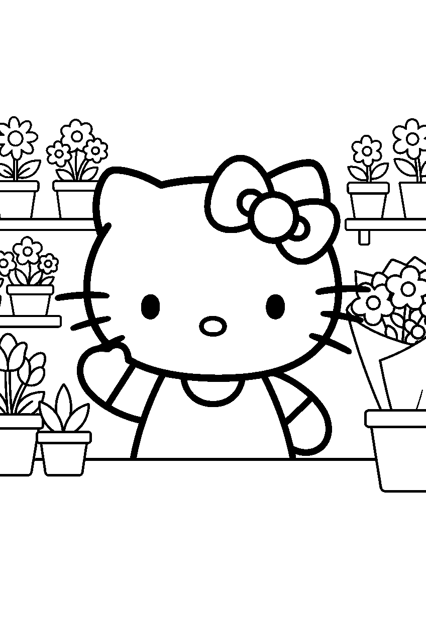 hello kitty in flower shop line art