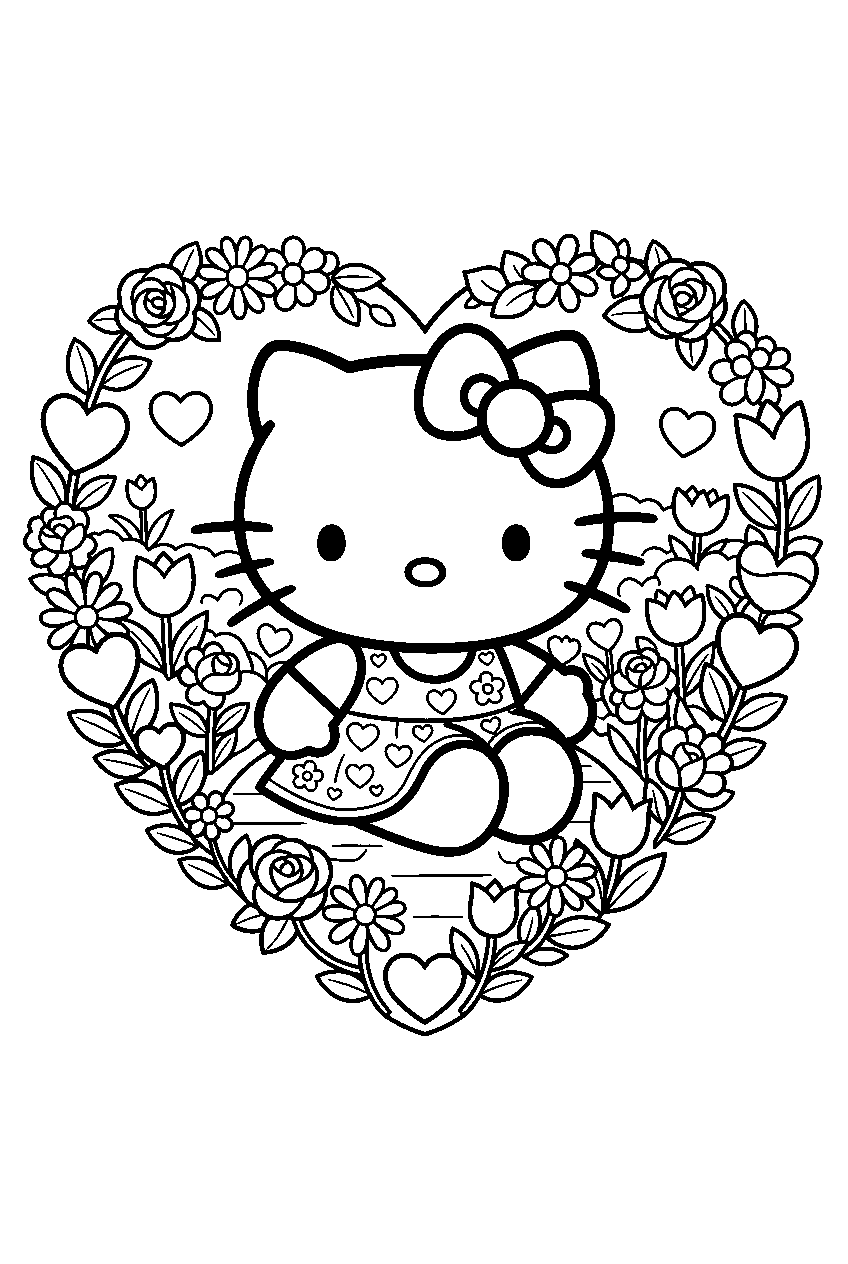 hello kitty in heart garden line art