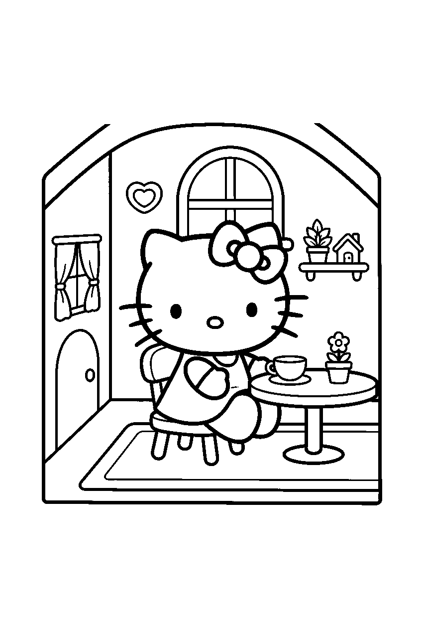 hello kitty in hello kitty house line art