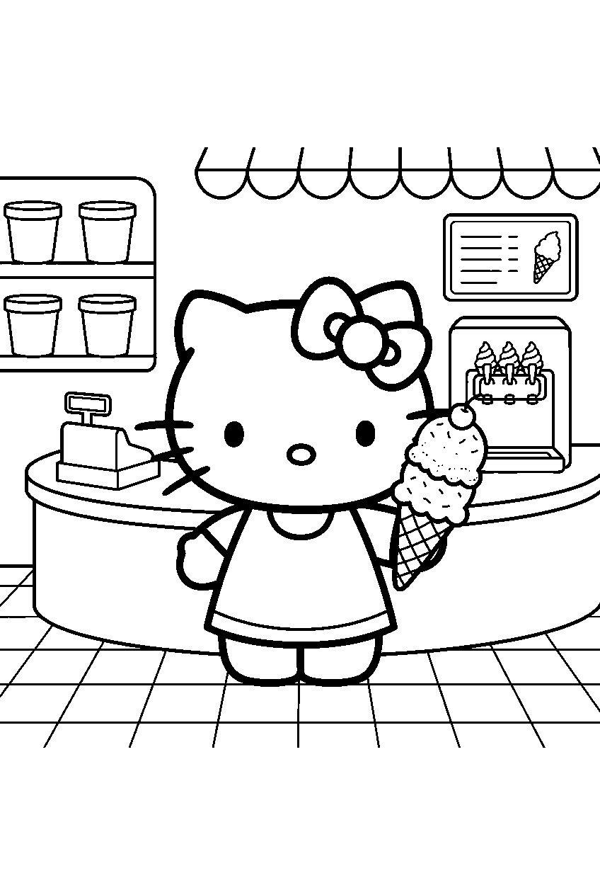 hello kitty in ice cream shop line art