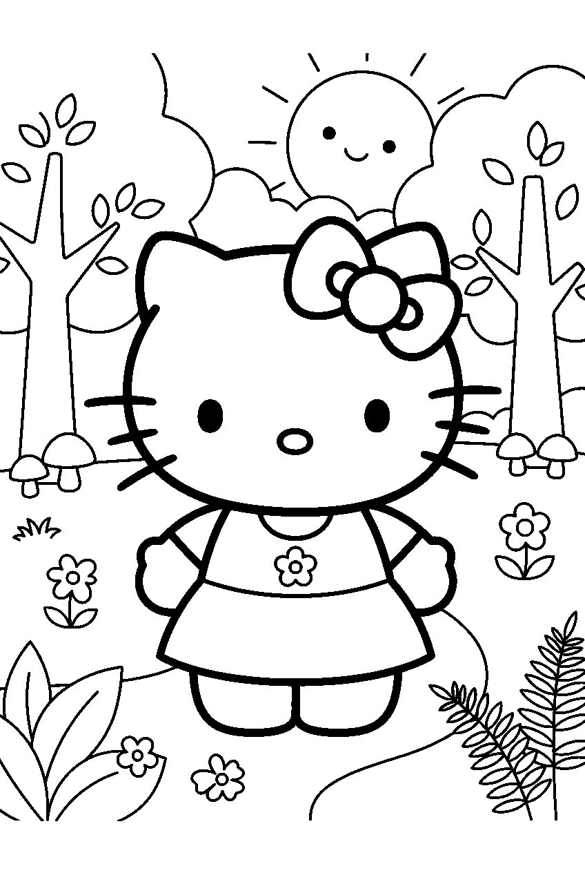 hello kitty in magical forest line art