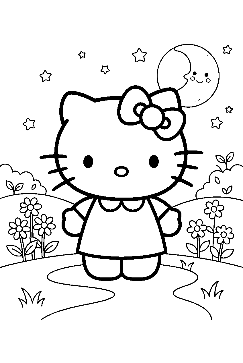 hello kitty in moonlit garden line art